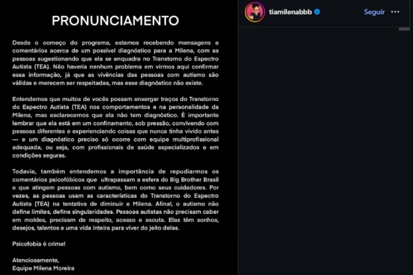 Equipe de Milena, do BBB26, desmente rumores sobre diagnóstico de autismo